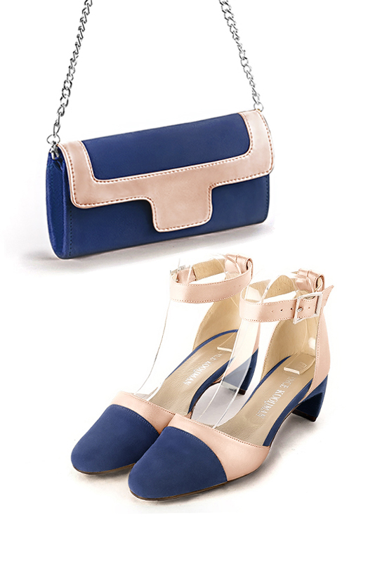 Prussian blue and powder pink women's open side shoes, with a strap around the ankle. Round toe. Low comma heels - Florence KOOIJMAN